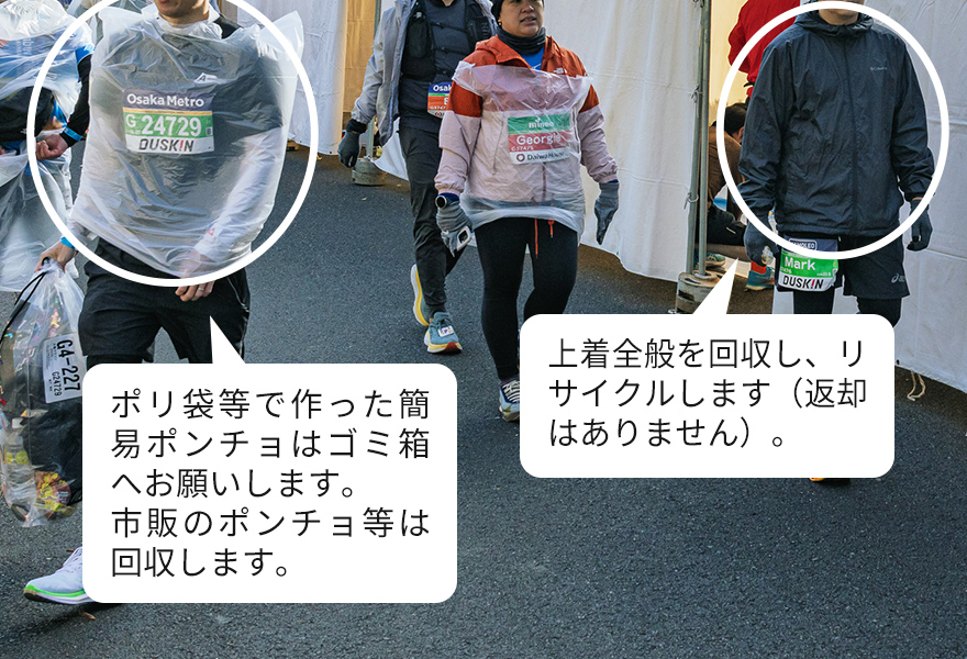 衣類全般をリサイクル回収イメージ　ご不要になった上着はリサイクル回収BOXに 手作り簡易ポンチョはゴミ箱に