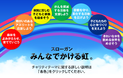 スローガン　みんなでかける虹。 チャリティテーマに関する詳しい説明は「各色」をクリックしてください。