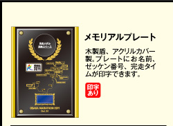 メモリアルプレート　木製盾、アクリルカバー製。プレートにお名前、ゼッケン番号、完走タイムが印字できます。