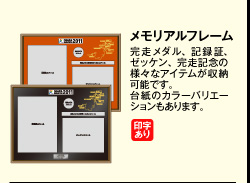 メモリアルフレーム　完走メダル、記録証、ゼッケン、完走記念の様々なアイテムが収納可能です。台紙のカラーバリエーションもあります。