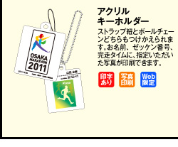 アクリルキーホルダー　ストラップ紐とボールチェーンどちらもつけかえられます。お名前、ゼッケン番号、完走タイムに、指定いただいた写真が印刷できます。