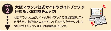 STEP02 大阪マラソン公式サイトやガイドブックで行きたいお店をチェック！　大阪マラソン公式サイトやガイドブックの参加店舗リストで行きたいお店のメニューやスケジュールをチェックしよう！（※ガイドブックは11月中旬頃配布予定）