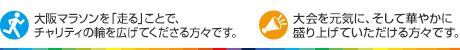 大阪マラソンを「走る」ことで、チャリティの輪を広げてくださる方々と大会を元気に、そして華やかに盛り上げていただける方々です。