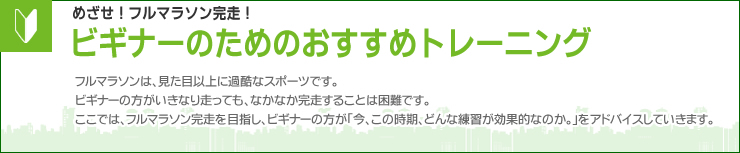 めざせ！フルマラソン完走！ビギナーのためのおすすめトレーニング　フルマラソンは見た目以上に過酷なスポーツです。ビギナーの方がいきなり