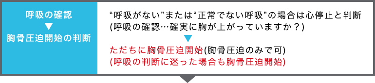 「呼吸の確認～胸骨圧迫開始の判断」“呼吸がない”または“正常でない呼吸”の場合は心停止と判断(呼吸の確認…確実に胸が上がっていますか？)ただちに胸骨圧迫開始(胸骨圧迫のみで可)(呼吸の判断に迷った場合も胸骨圧迫開始)